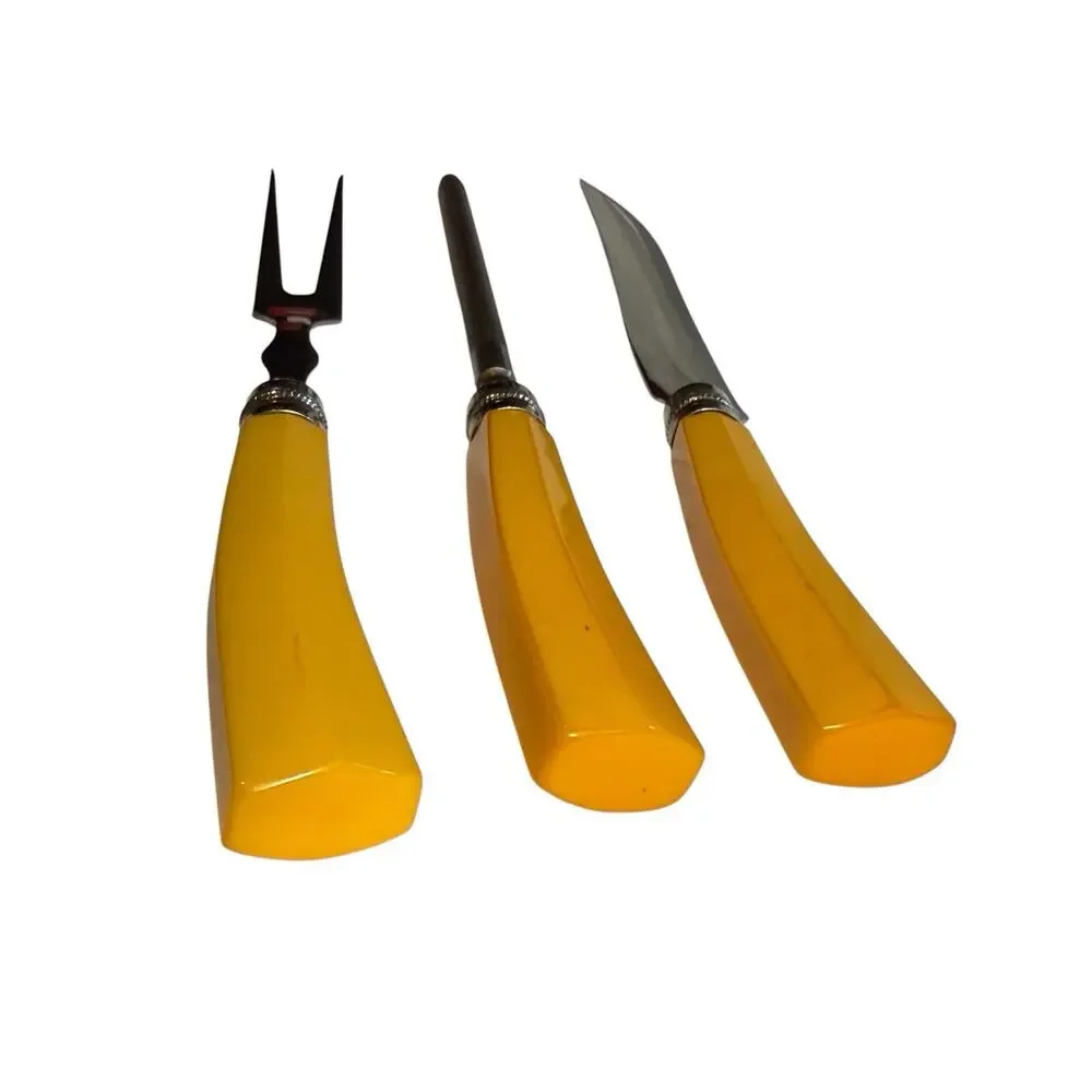 Vintage Original 1940s BAKELITE BUTTERSCOTCH HANDLE CARVING SET 3pc